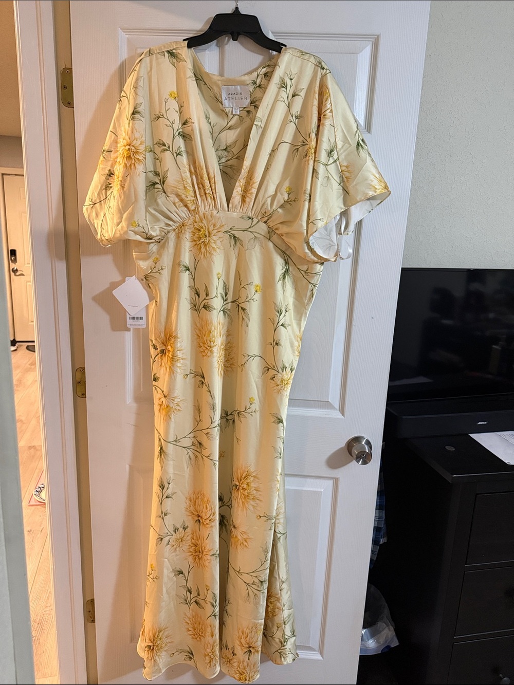 Azazie Pale Yellow Floral V-Neck Maxi Dress